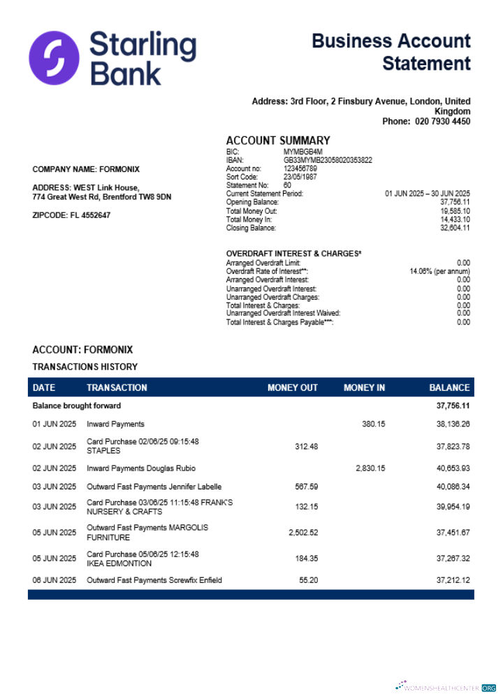 Download United Kingdom Starling enterprise statement Word and PDF template Photoshop template